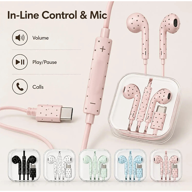 Type C Wired Earphones With Mic - Type C Oordopjes met Polka Dot