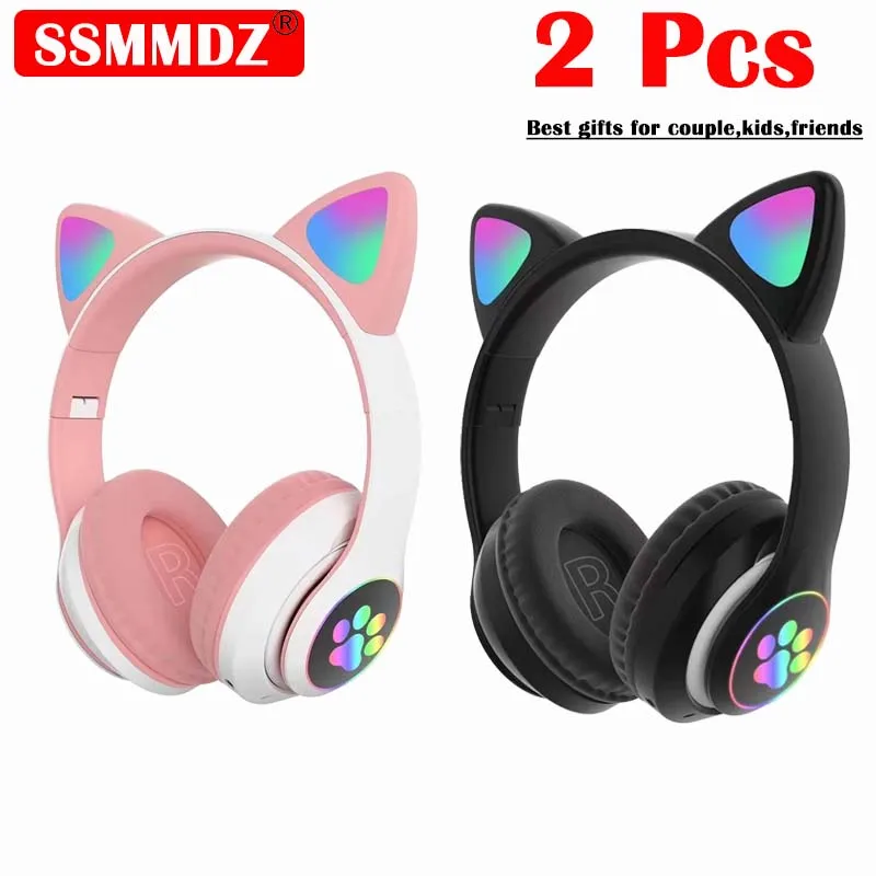 Cat Ear Bluetooth Headset Led - 2 stuks draadloze headset Bluetooth-muziekhoofdtelefoon Gradiëntkleur