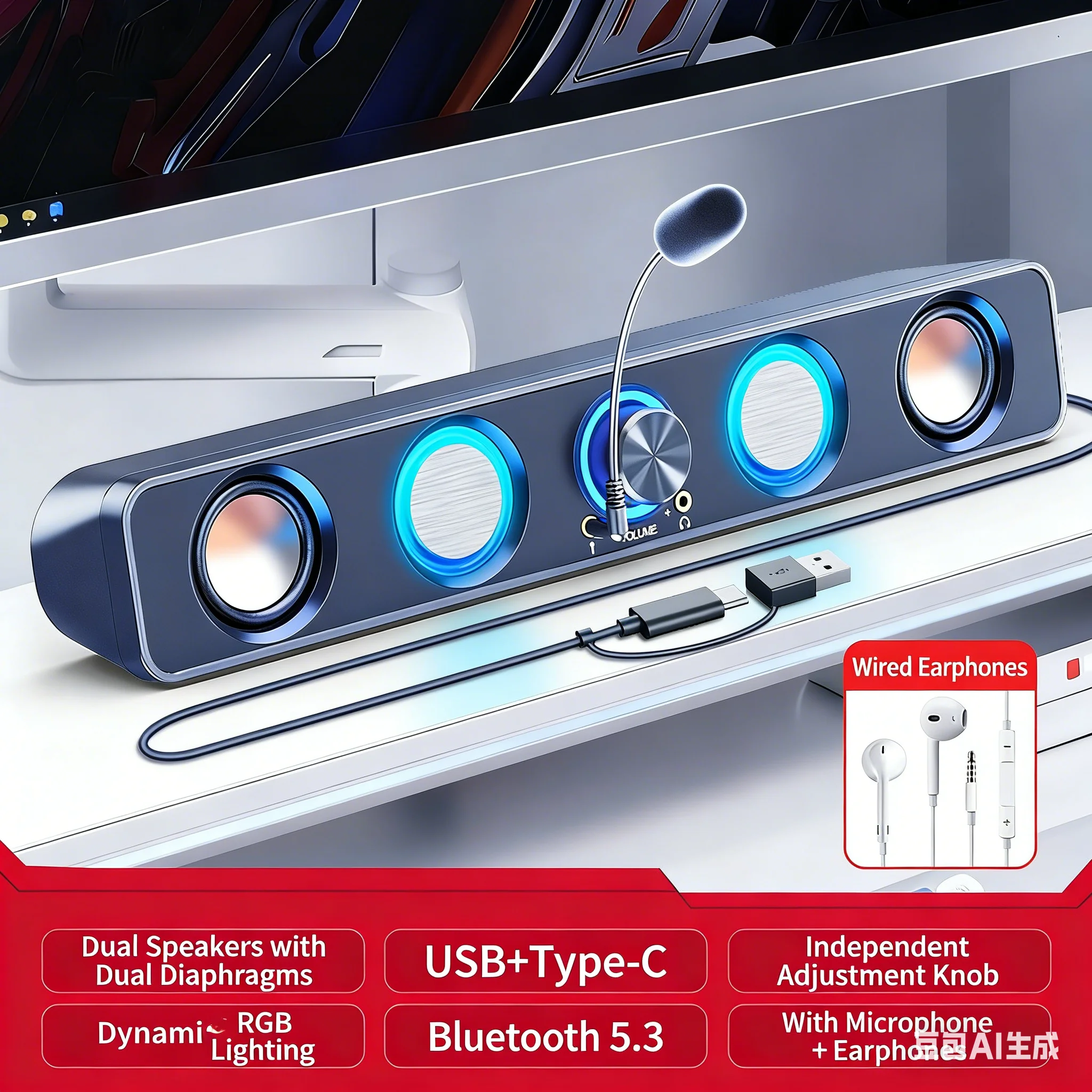 Rgb Computer Soundbar For Pc - Home Theatersysteem Soundbar RGB Desktop met