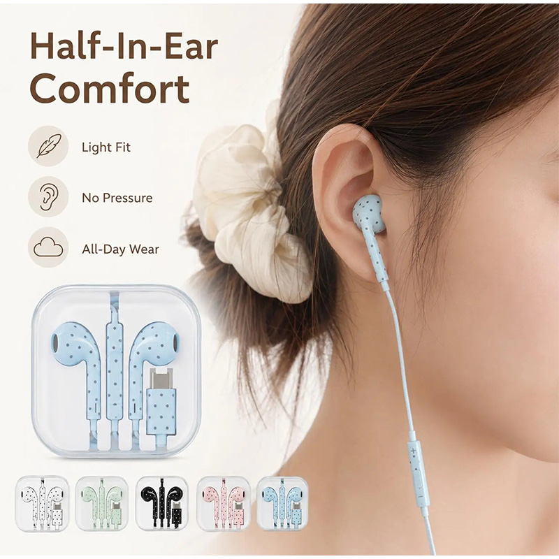 Type C Oordopjes met Polka Dot - Type C Wired Earphones With Mic recensie en prijs